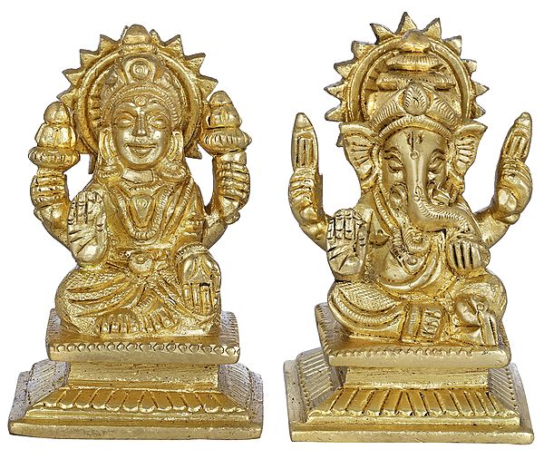 2" Lakshmi Ganesha - Pair of Small Statues in Brass | Handmade | Made in India
