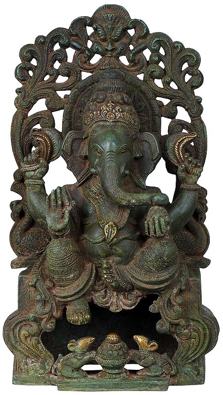 13" King Ganesha Seated on Kirtimukha Throne In Brass | Handmade | Made In India