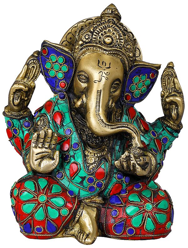 6" Inlay Murti of Ashirvad Ganesha in Brass | Handmade | Made in India