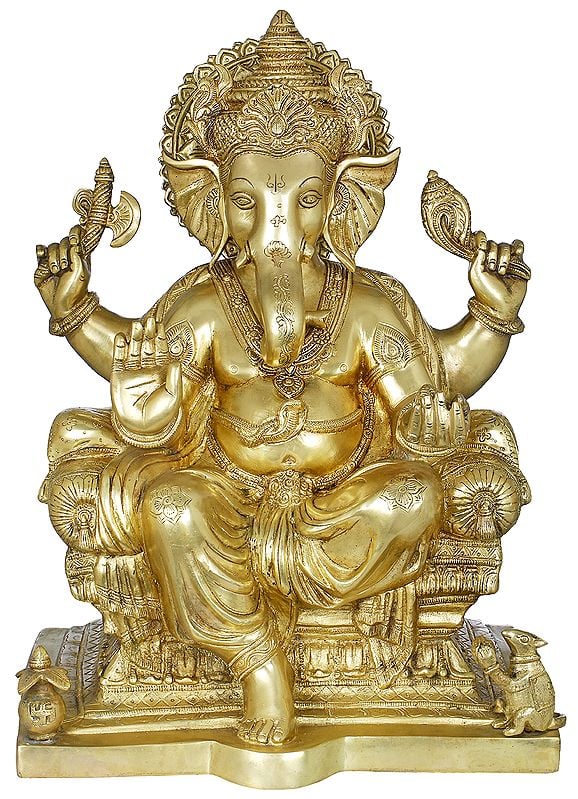18" King Ganesha Granting Abhaya In Brass | Handmade | Made In India