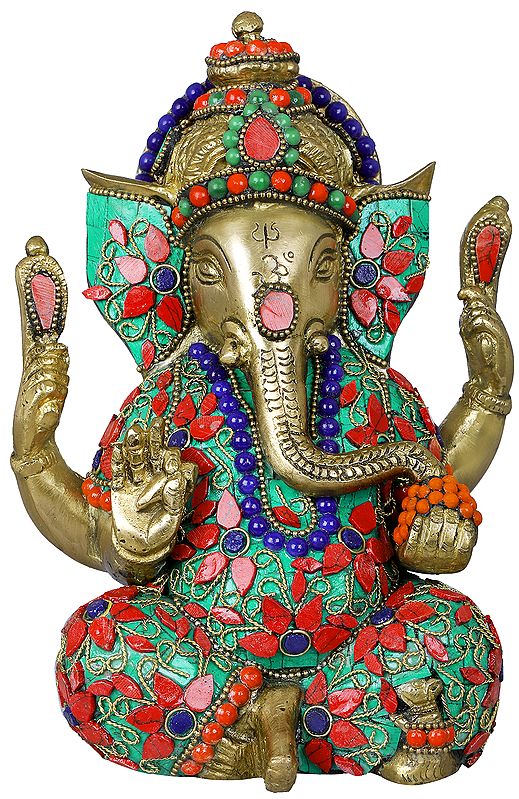 7" Inlay Murti of Shri Ganesha In Brass | Handmade | Made In India