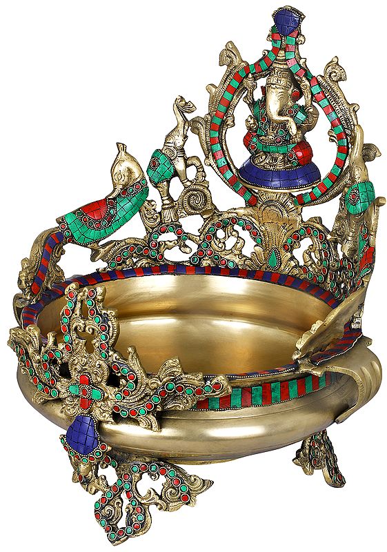 16" Lord Ganesha Urli with Peacocks and Elephants in Brass | Handmade | Made in India