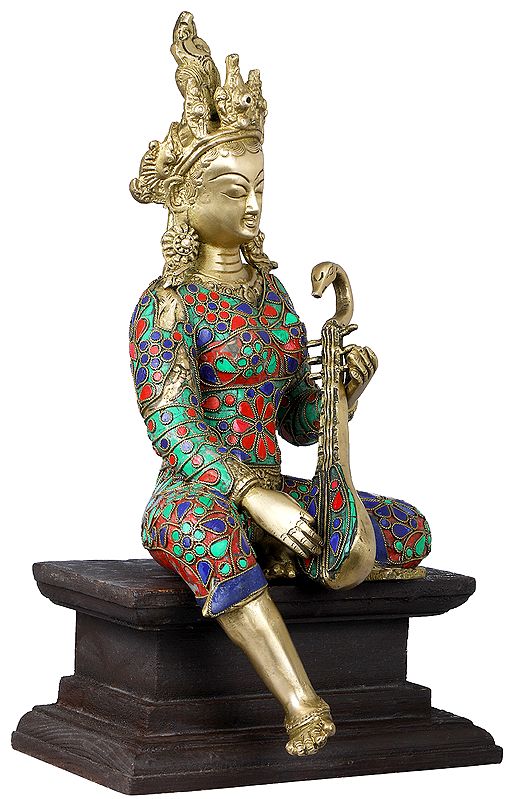 14" Devi Saraswati Seated on Wooden Pedestal In Brass | Handmade | Made In India