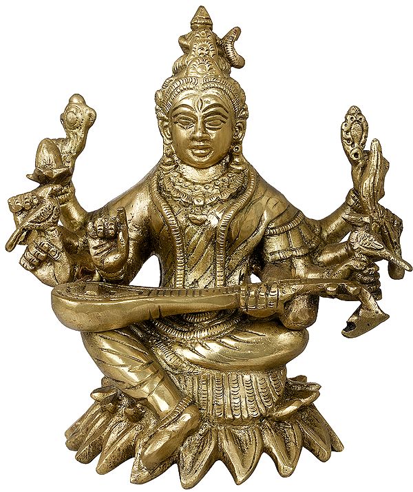 7" Eight-Armed Goddess Saraswati Brass Statue | Handmade | Made In India