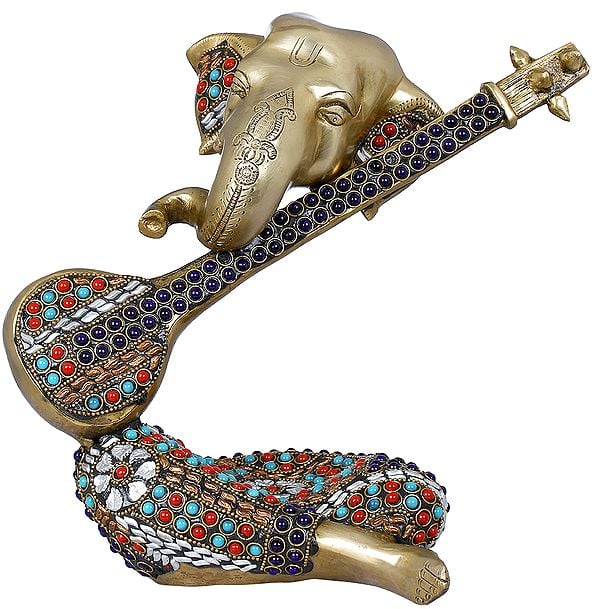9" Stylized Musical Ganesha In Brass | Handmade | Made In India