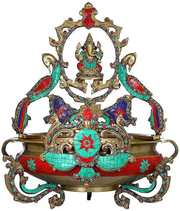 19" Ringed Lord Ganesha Urli In Brass | Handmade | Made In India