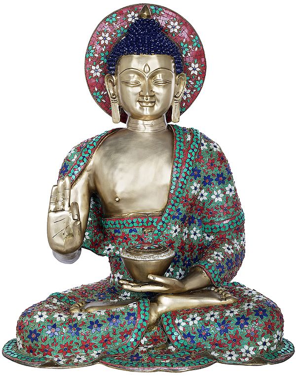 28" Tibetan Buddhist Lord Buddha, His Robe Decorated with Fine Inlay Work In Brass | Handmade | Made In India