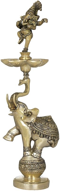 17" Dancing Ganesha Lamp Supported on Acrobat Elephant's Trunk in Brass