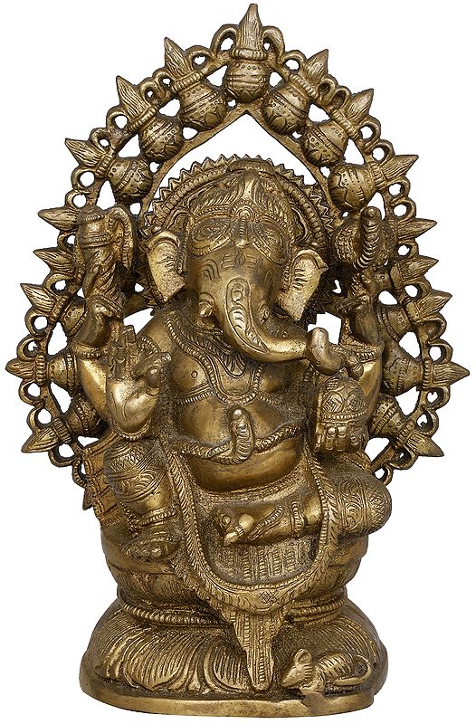 10" Lord Ganesha with Aureole Mad of Kalashes In Brass | Handmade | Made In India