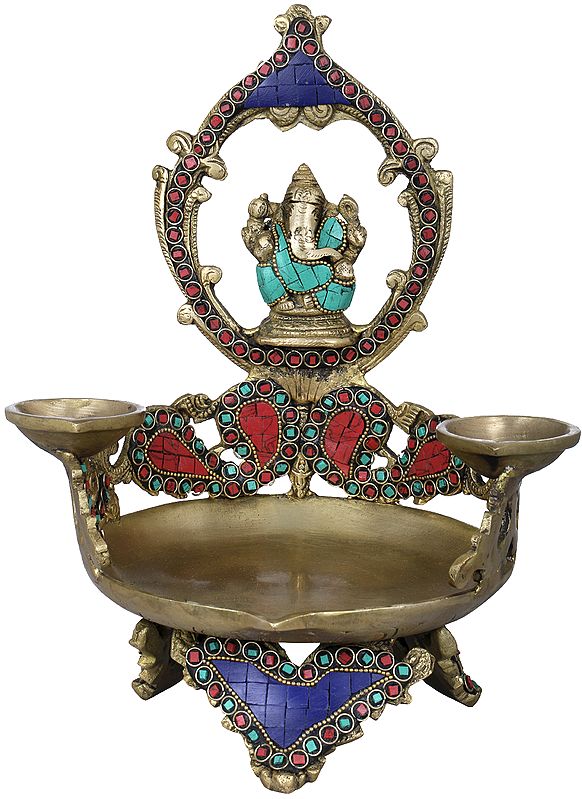 11" Brass Large Ganesha Diya with Two Small Lamps | Handmade | Made in India