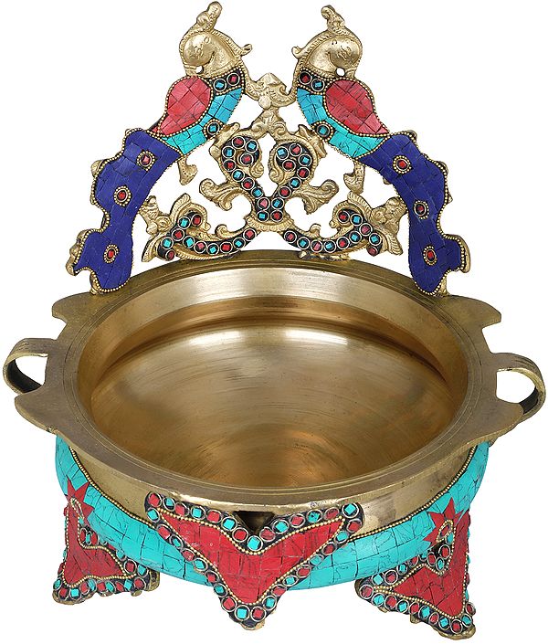 Brass Peacock Urli Decorated with Coloured Inlay Work