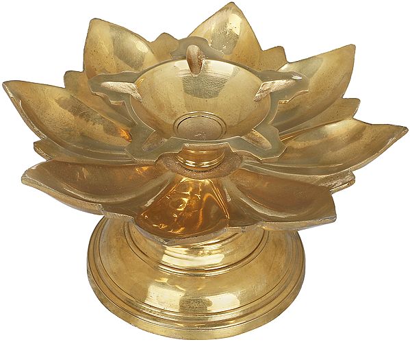 4" Five Wicks Lotus Deepam (Lamp) in Brass | Handmade