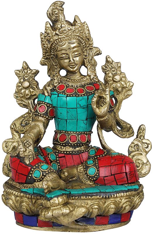 5" Tibetan Buddhist Deity Green Tara Statue in Brass | Handmade | Made in India
