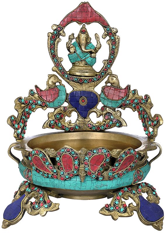 12" Lord Ganesha Peacock Urli in Brass | Handmade | Made in India