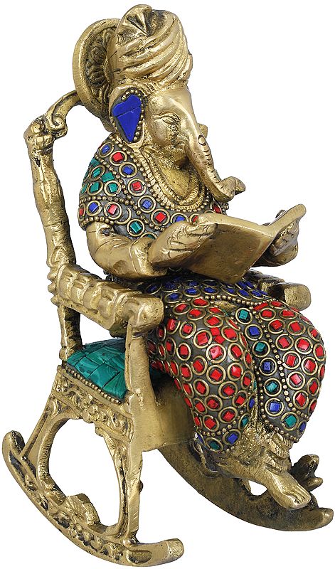 7" Ganesha on Recliner Reading the Mahabharata | Handmade Brass Statue