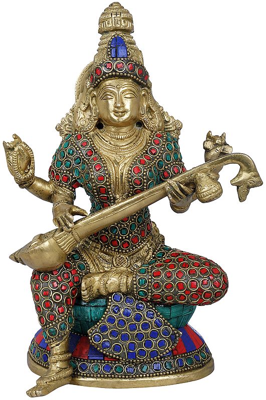 8" Vina-Vadini Saraswati In Brass | Handmade | Made In India