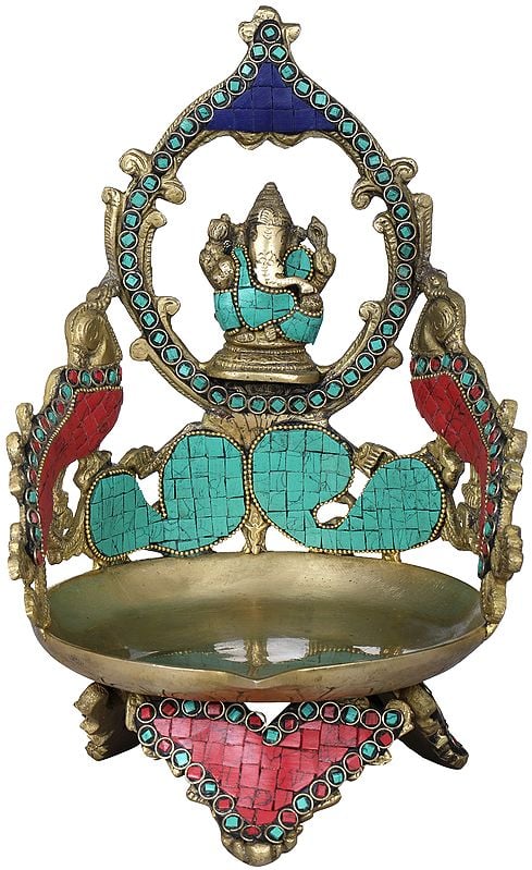 11" Ganesha Large Brass Diya with Peacock | Handmade | Made in India