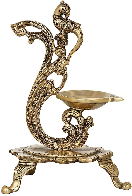 Brass Diya with Parrot Handle on Stand