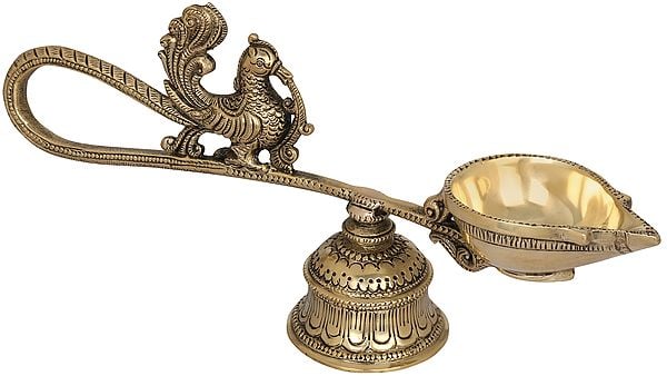 9" Handheld Peacock Aarti with Attached Bell as Stand In Brass | Handmade | Made In India