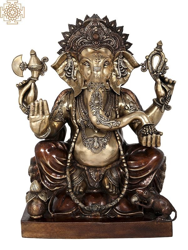 31" Large Size Blessing Ganesha in Dual-Tone Seated on Lotus In Brass | Handmade | Made In India