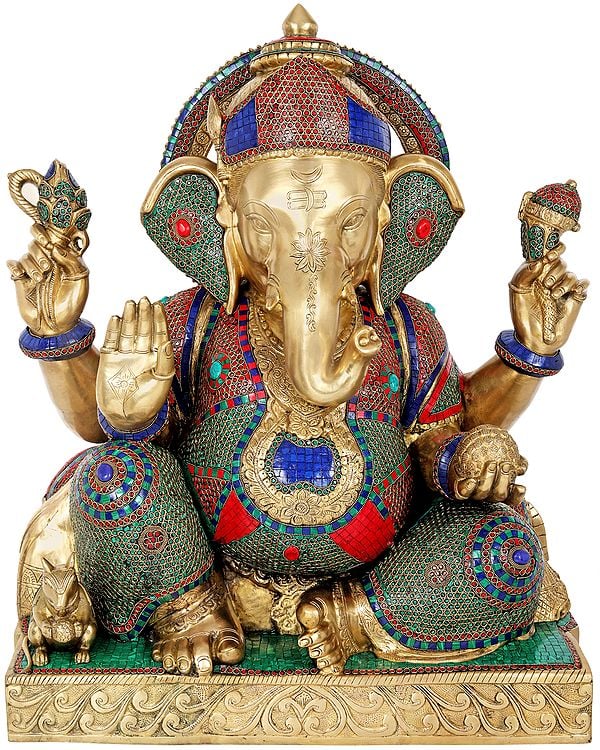 32" Lord Ganesha Decorated with Inlay Work In Brass | Handmade | Made In India