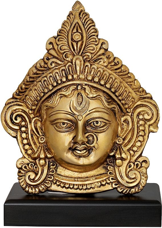 8" Devi Durga Face on Wooden Stand In Brass | Handmade | Made In India