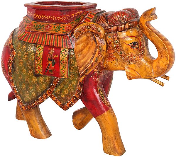 Jaipur Style Wooden Elephant Figurine Decorated with Auspicious Symbols