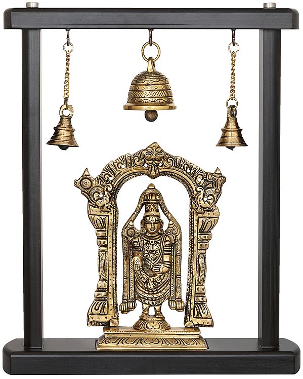 13" Tirupati Balaji Idol in Wooden Frame Stand with Bells | Handmade Brass Statue