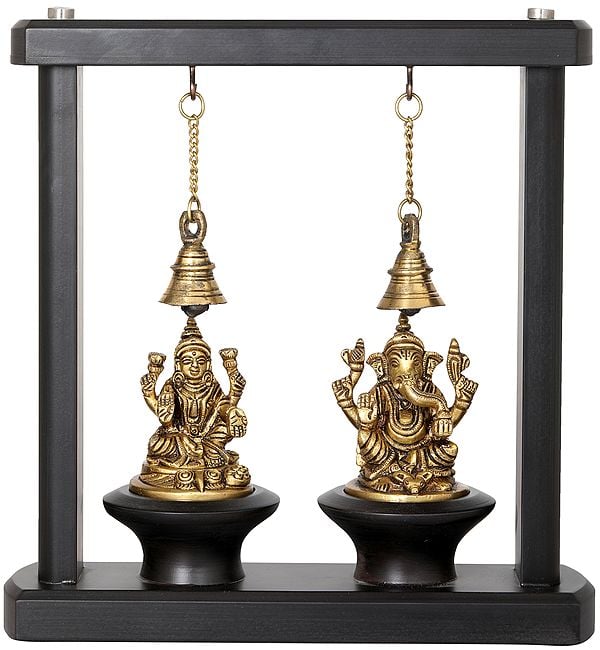 10" Lakshmi Ganesha in Wooden Frame with Bells In Brass | Handmade | Made In India