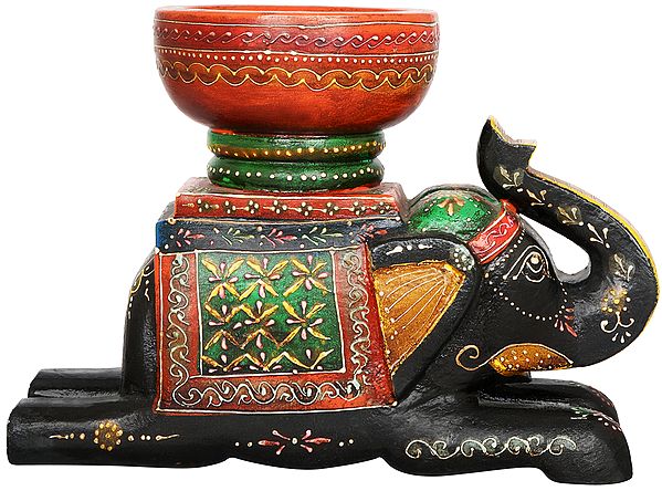 Decorated Wooden Elephant with a Bowl on His Back