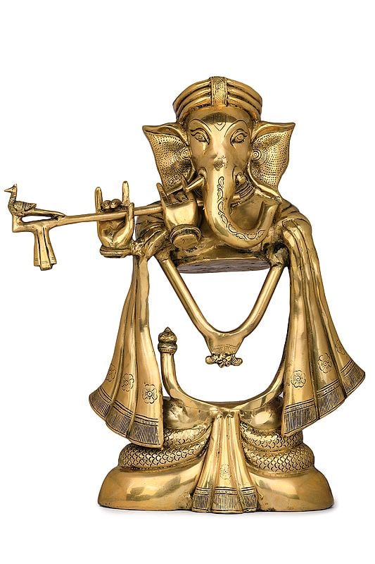 19" Stylized Fluting Ganesha In Brass | Handmade | Made In India