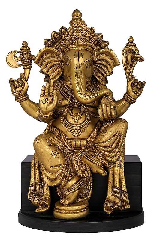 14" Bhagawan Ganesha Idol Seated on Wooden Chowki | Handmade Brass Statue
