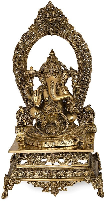 21" Lord Ganesha Seated on Prabhawali Throne In Brass | Handmade | Made In India