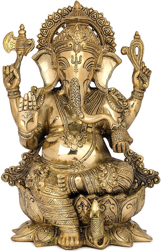 12" Ashirwad Kamalasana Ganesha Brass Sculpture | Handmade