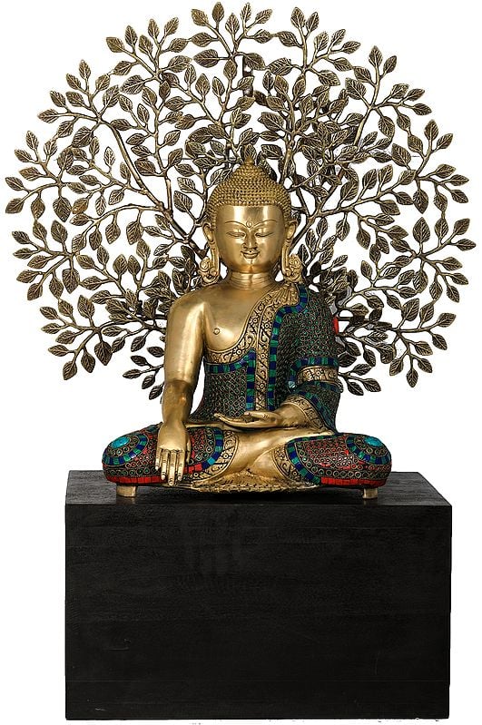 Bhumisparsha Buddha Idol Seated on Wooden Base with Elaborate Bodhi Tree