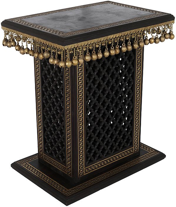 High Wooden Pedestal with Lattice, Brass Work and Ghungroos