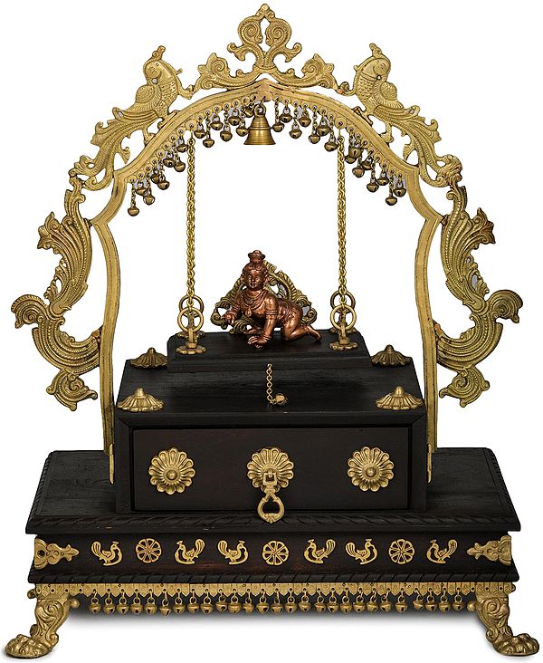26" Unique Swing Temple of Laddu Gopala with High Peacock Arch In Brass | Handmade | Made In India
