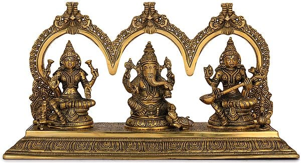 8" Lakshmi Ganesha Saraswati In Brass | Handmade | Made In India
