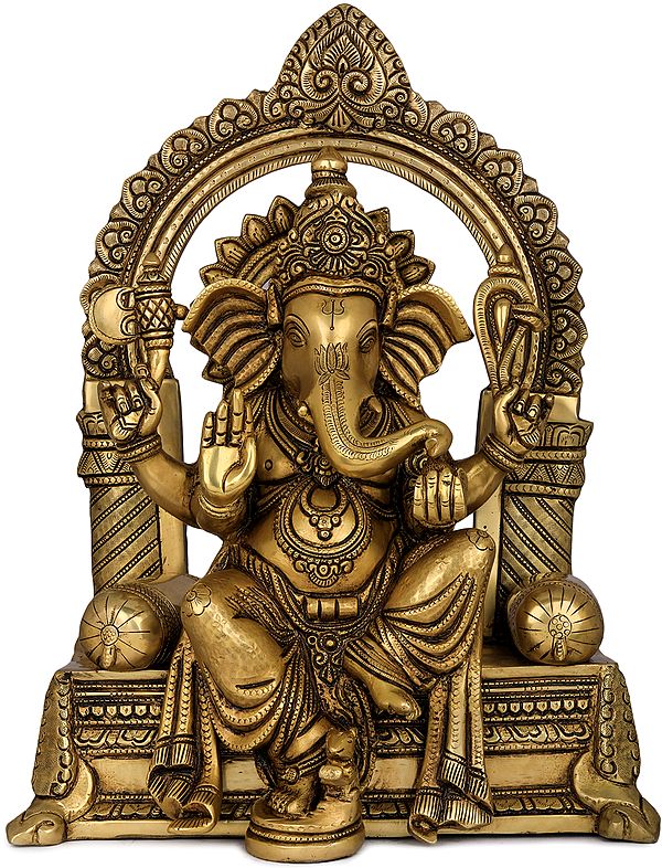 16" Raja Ganesha Viraajman on Singhasan in Brass | Handmade | Made in India