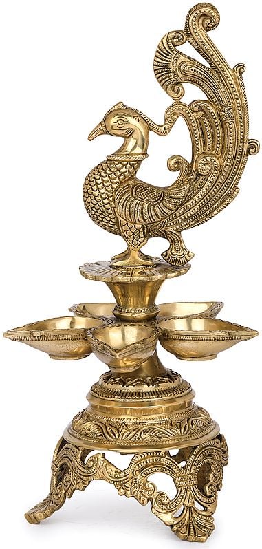 13" Five Wicks Peacock Lamp In Brass | Handmade | Made In India