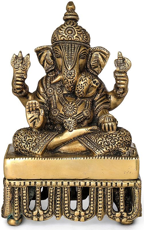 6" Brass Ganesha Idol Seated on Chowki | Handmade | Made in India