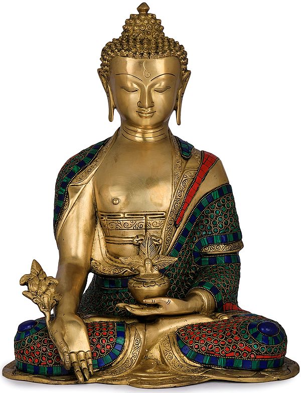 16" The Resplendent Medicine Buddha In A Robe Of Blue In Brass | Handmade | Made In India