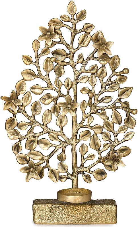 Champa (Frangipani) Tree in Brass with Attached Wax Diya Holder