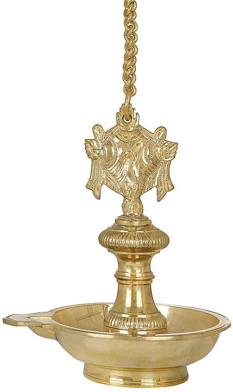 10" Roof Hanging Lamp with Vaishnava Symbols - Conch and Chakra in Brass | Handmade | Made in India