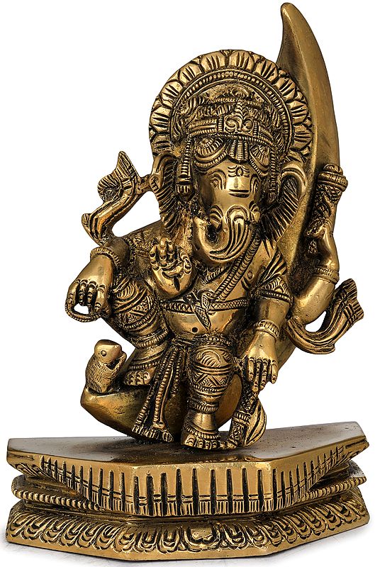 5" Ganesha Statue Seated on a Crescent Moon in Brass | Handmade | Made in India