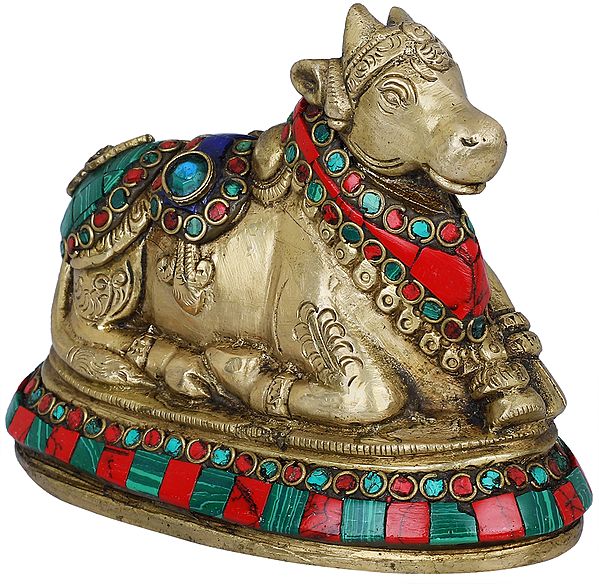 3" Small Inlaid Nandi Statue in Brass | Handmade | Made in India