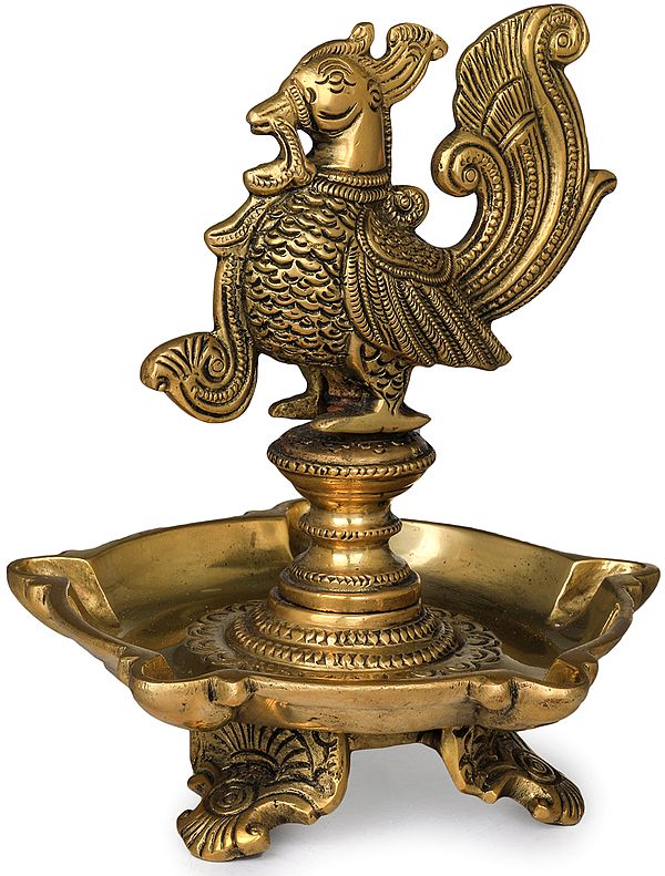 6" Five Wicks Peacock Lamp in Brass | Handmade | Made in India