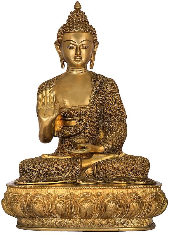 16" Superfine Blessing Buddha Wearing Fully Carved robe - Tibetan Buddhist In Brass | Handmade | Made In India