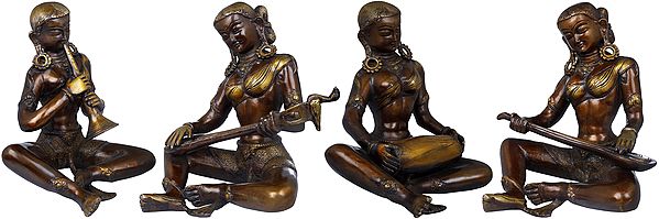 8" Folk Musicians, Set Of Four Female Figurines In Brass | Handmade | Made In India