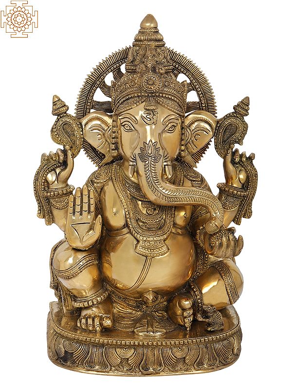 19" Superfine Chaturbhuja Blessing Ganesha In Brass | Handmade | Made In India